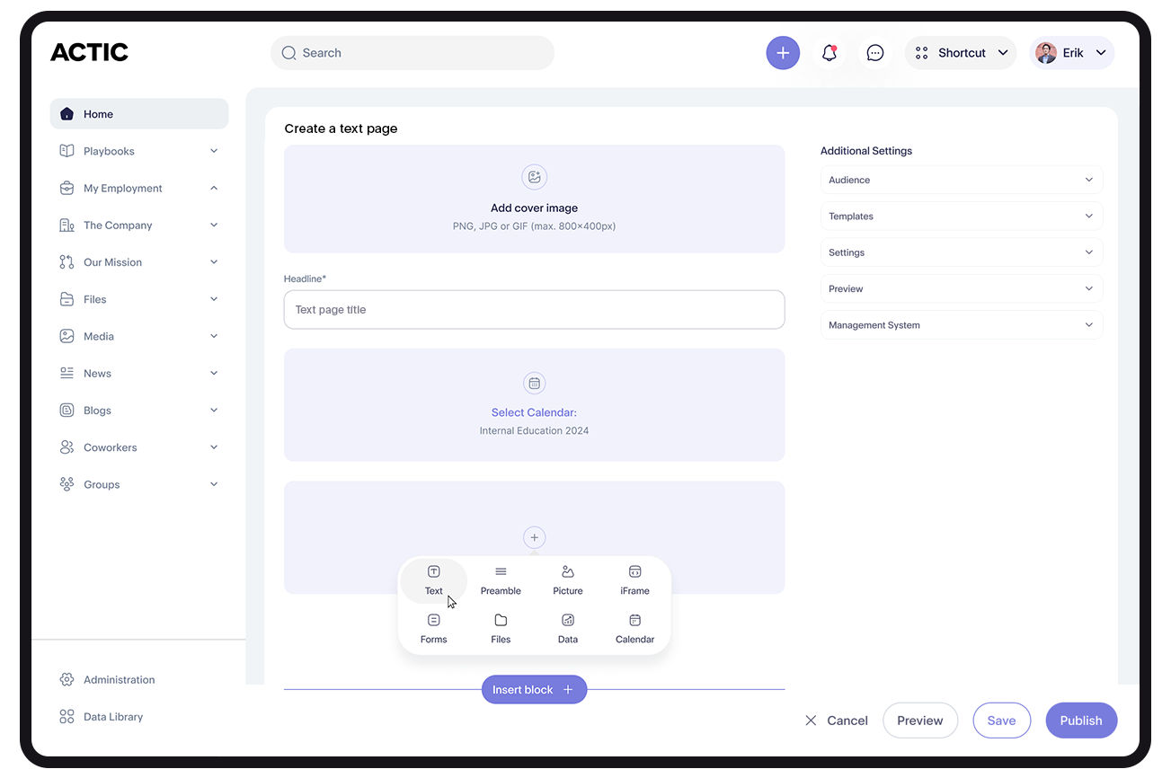 Create text page in The Hub