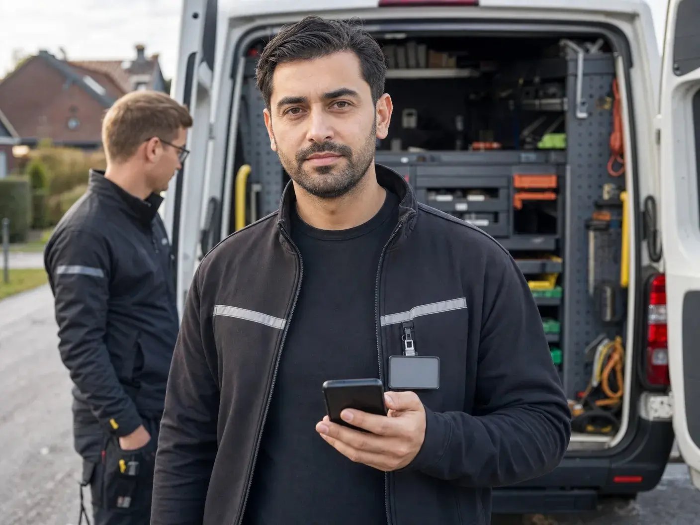 Fälttekniker som läser i mobilen under arbetspasset