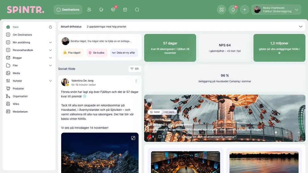 Spintrs startsida på dator för en destination, med driftstatus, socialt flöde och nyckeltal