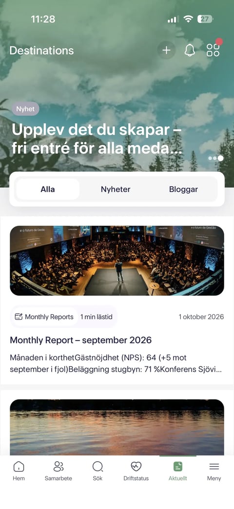 Aktuellt i Spintr-appen med nyheter och månadsrapport för en destination