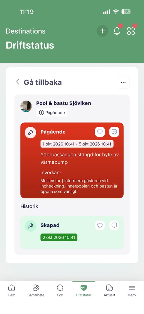 Driftstatus i Spintr-appen: ytterbassängen stängd för byte av värmepump