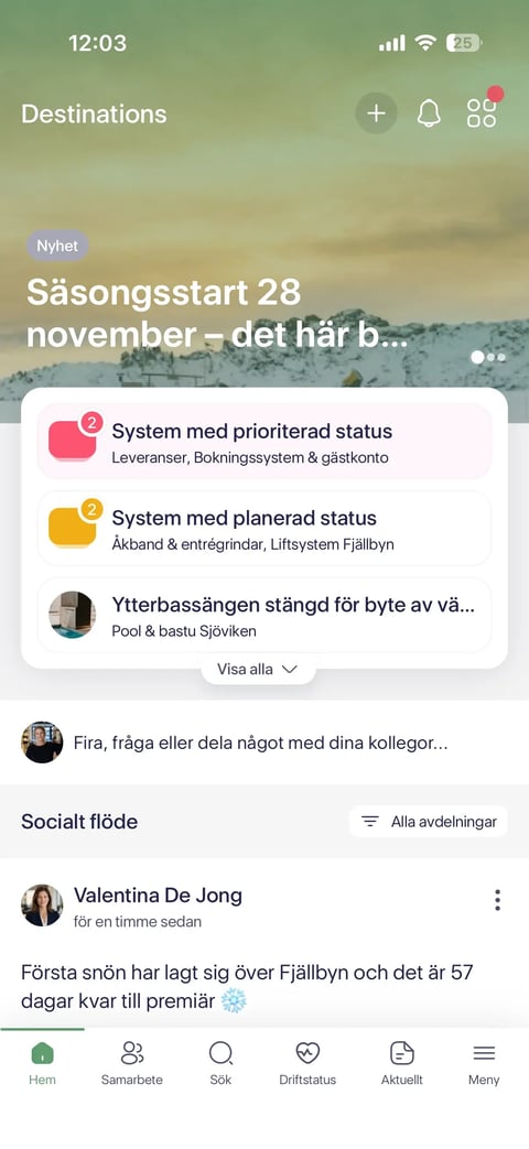 Startsidan i Spintr-appen med nyhet om säsongsstarten, driftstatus och socialt flöde