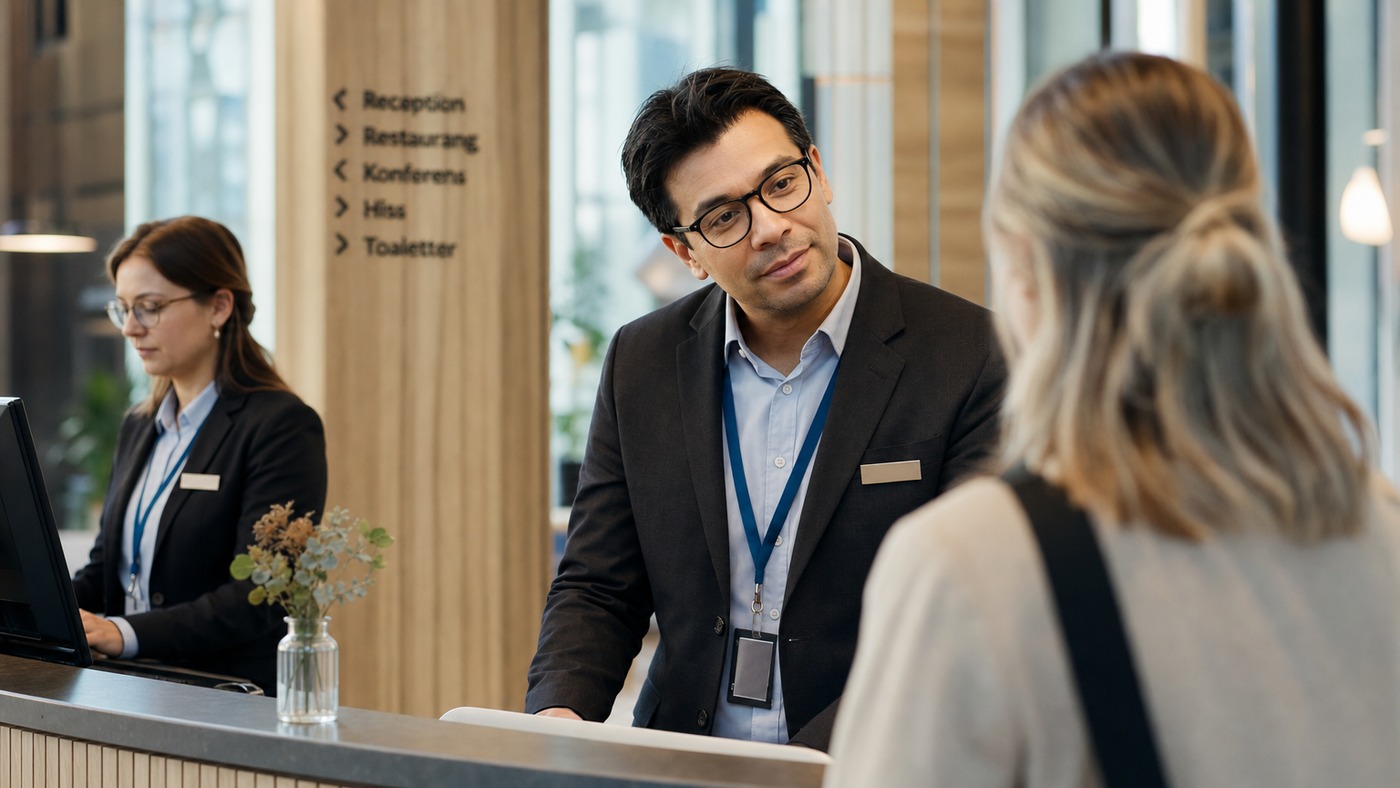 Receptionist i hotellobby tar emot en gäst i incheckningsdisken