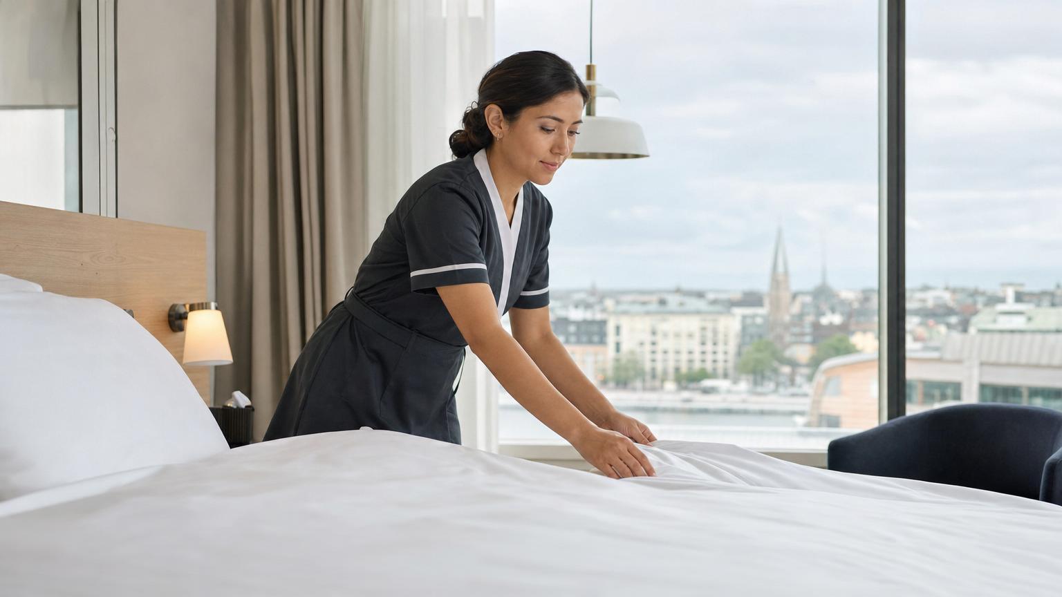 Hotellmedarbetare som arbetar ensam på sitt pass, långt från närmaste chef