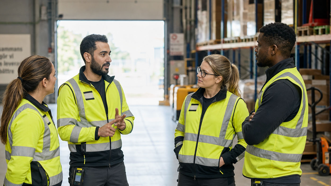 Ett lagerteam i varselkläder samlade i ett samtal vid lastporten