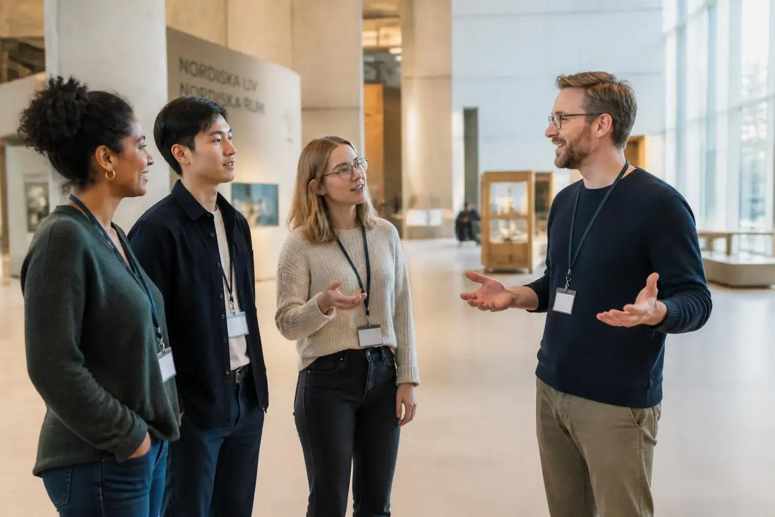 Nya medarbetare på introduktionsmöte i en museihall