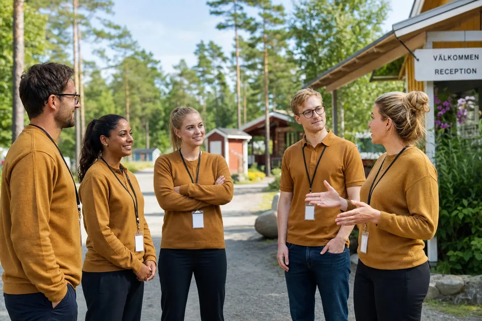 Campingpersonal samlas utanför receptionen